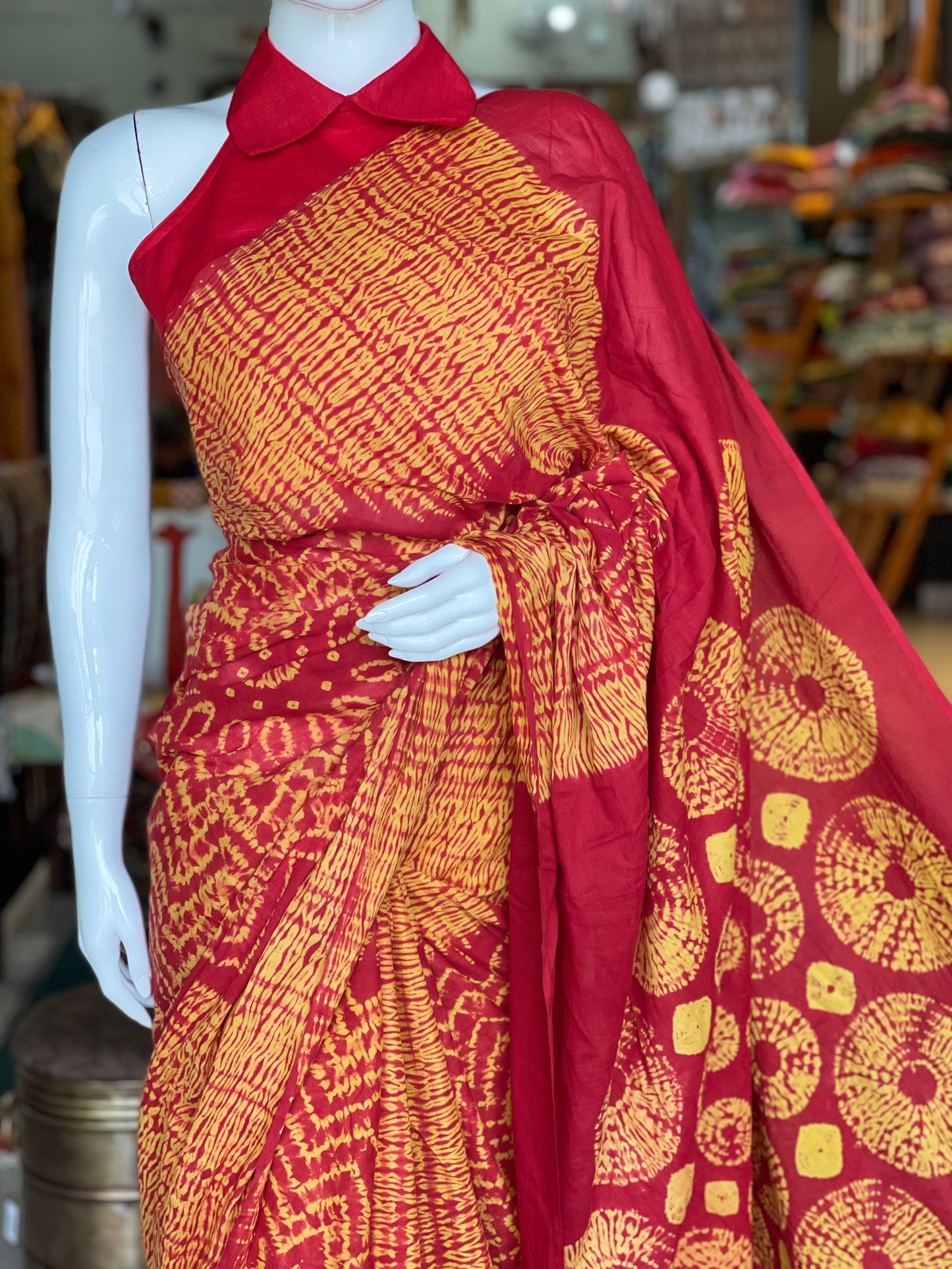 Red and yellow soft cotton tie dye shibori saree