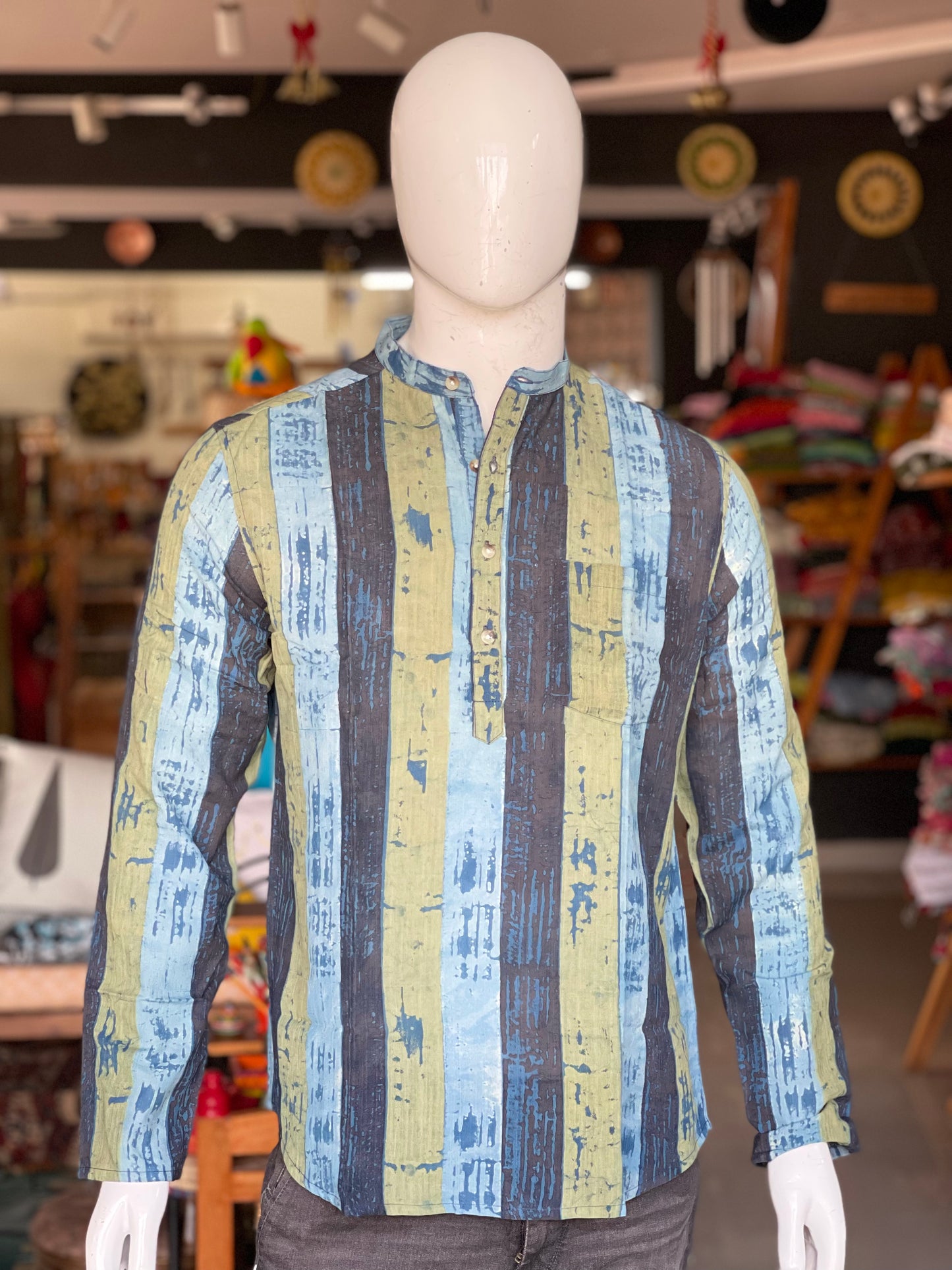 Blue and green stripes hand block printed handloom full sleeves short kurta for men