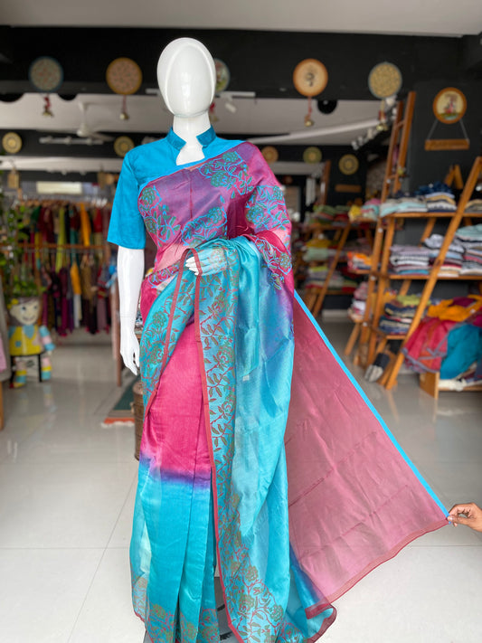 Pink and blue floral hand block pure silk sheer saree