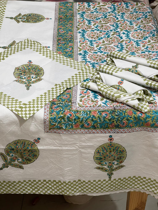 Colorful floral hand block printed cotton 6 seater table cover and 6 napkins set