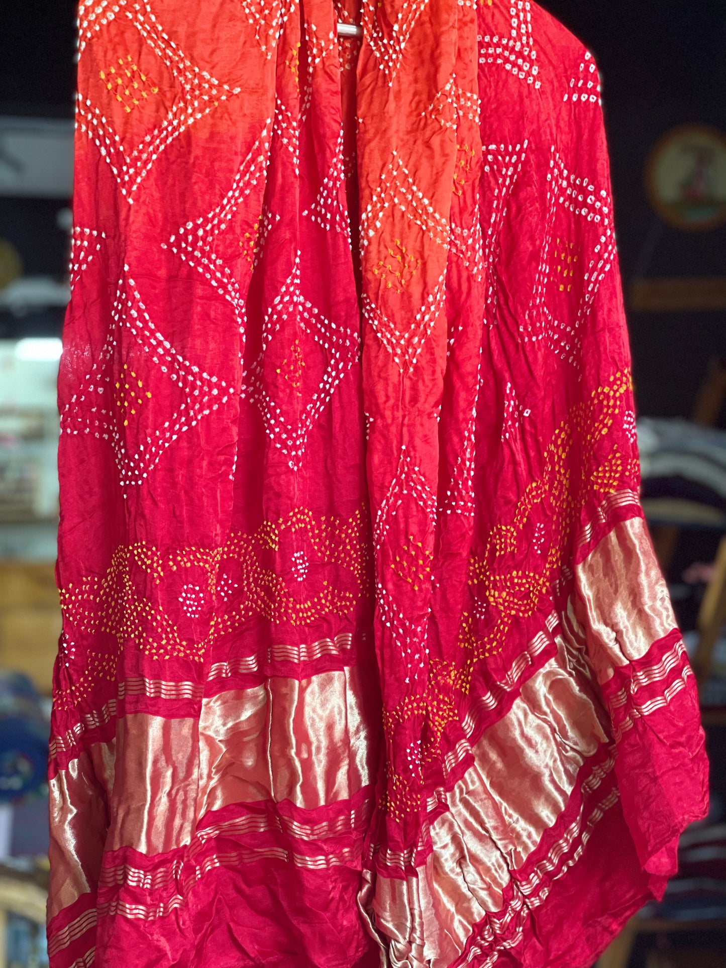 Red and orange bandini tie dye gajji silk dupatta with tissue palla