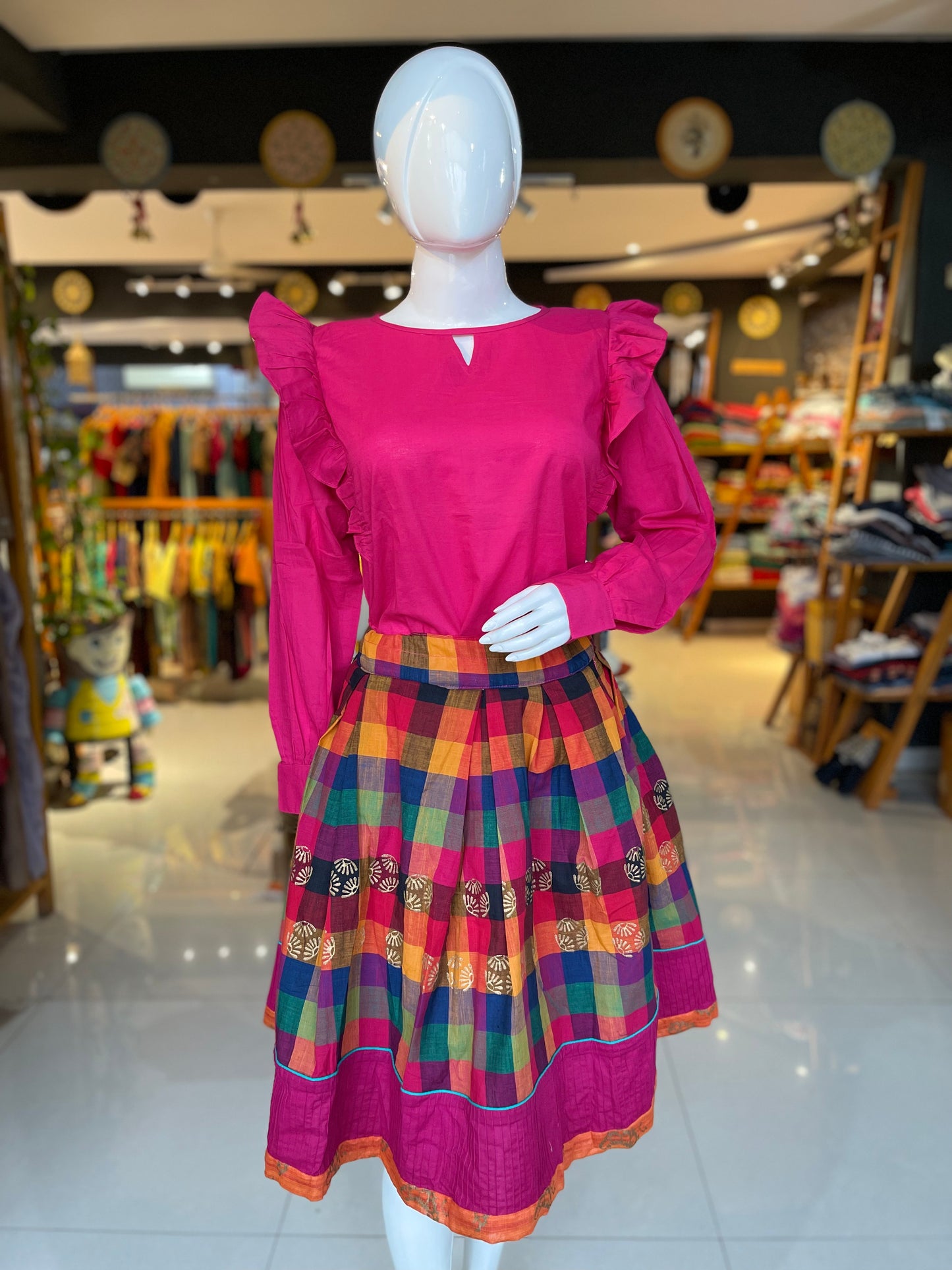 Pink Madras checks cotton short skirt with cancan