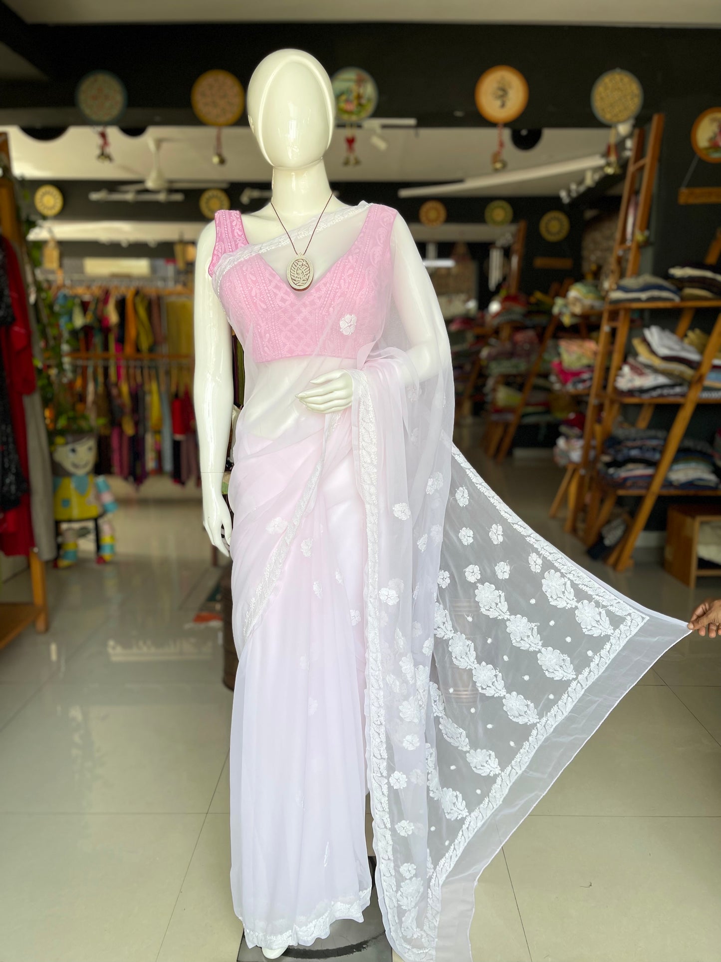 Baby pink Georgette hand embroidered chikankari saree