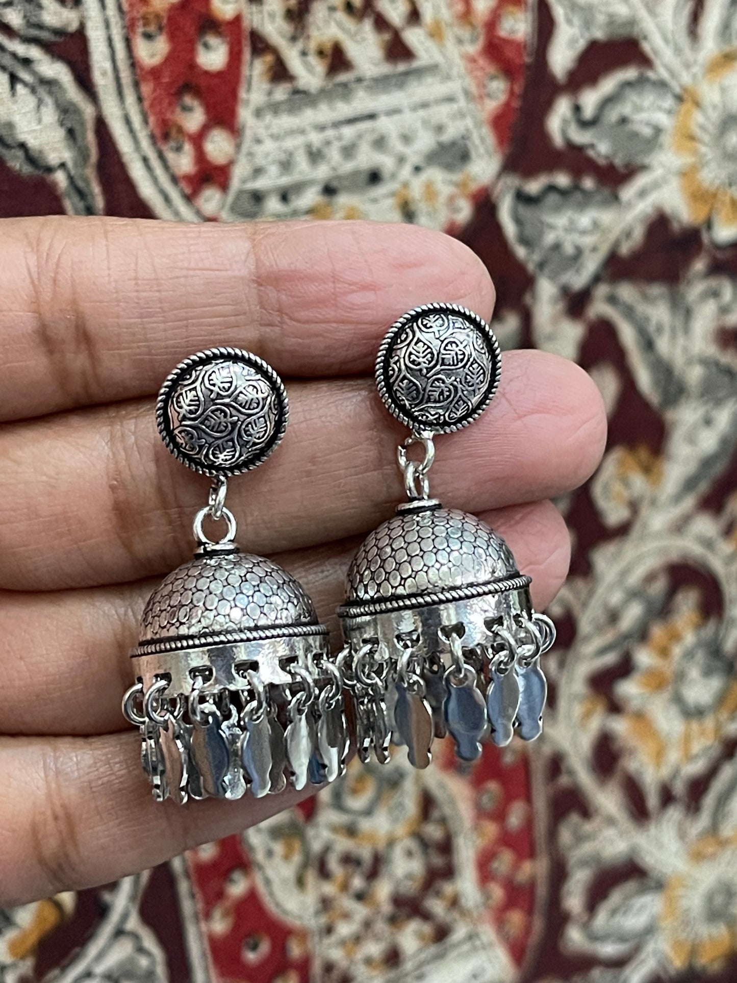 92.5 sterling silver jhumkas with leaves and dots embossed design