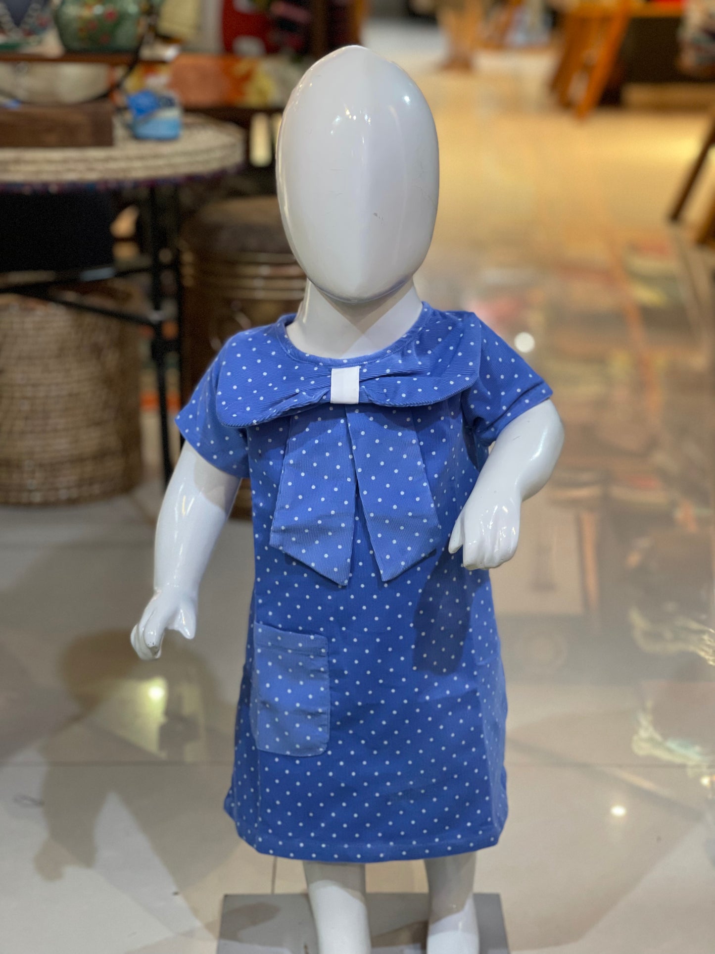 Blue polka dots bow neck frock for girls