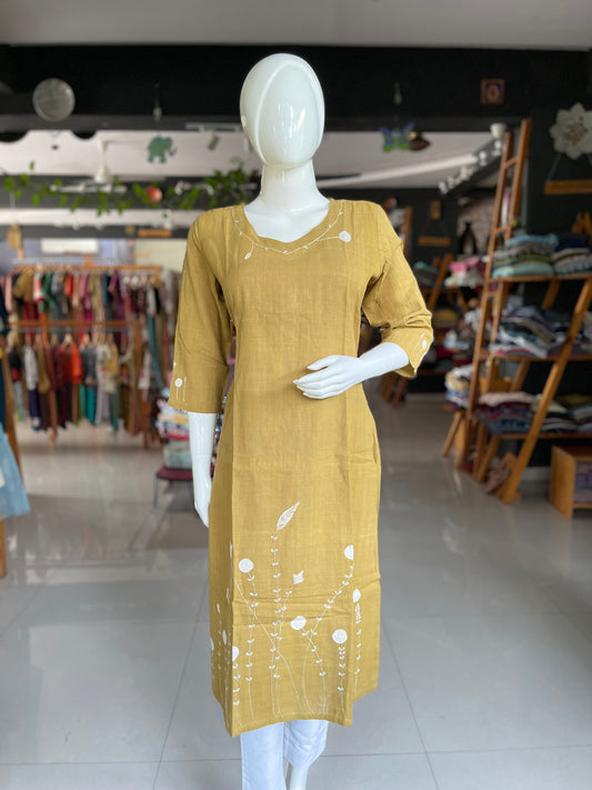 Mehendi green organic handloom cotton kurti with hand embroidery for yoke and hem