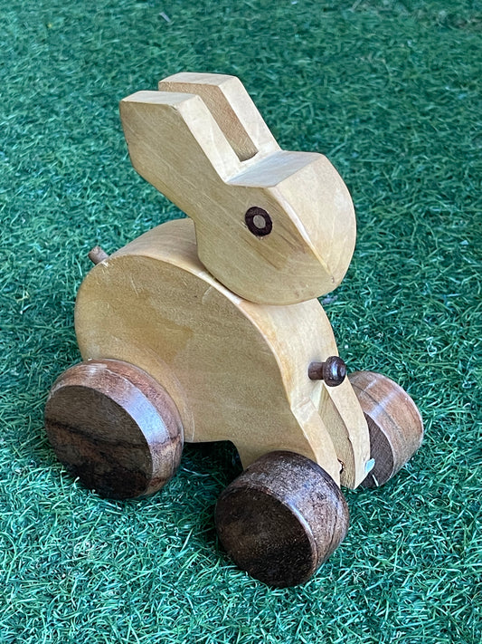 Wooden rabbit with wheels miniature play toy