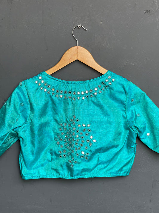 Firozi blue hand embroidered mirror work front open silk blouse