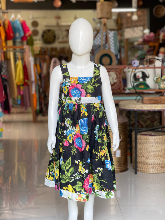 Black floral printed Cotton dress for girls