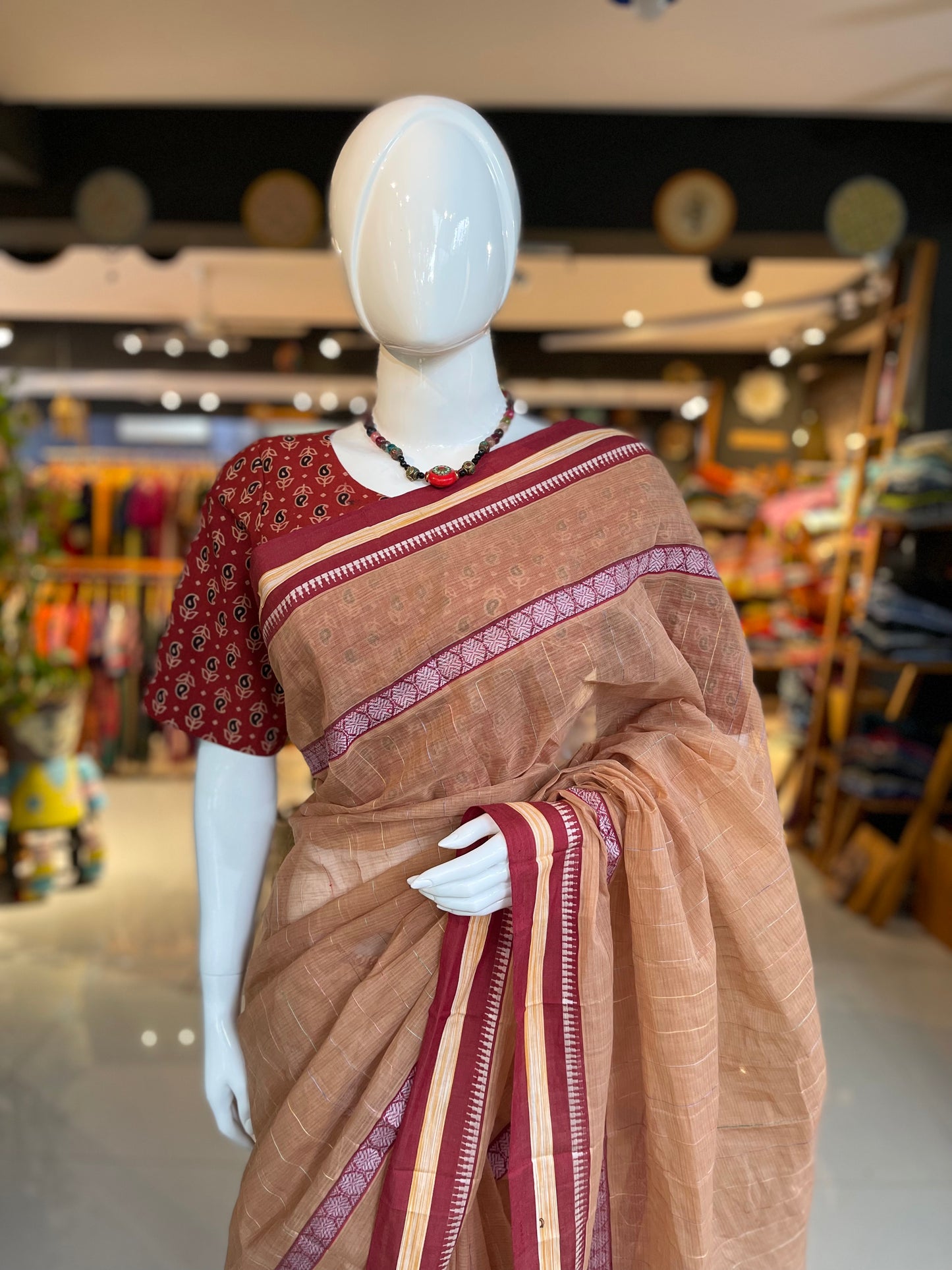 Chikkoo shade handwoven checks cotton saree