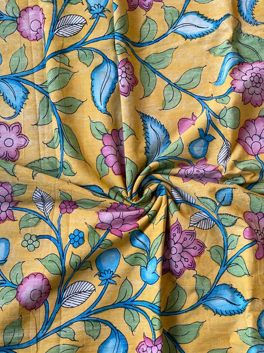 Yellow hand painted pen kalamkari floral design cotton fabric