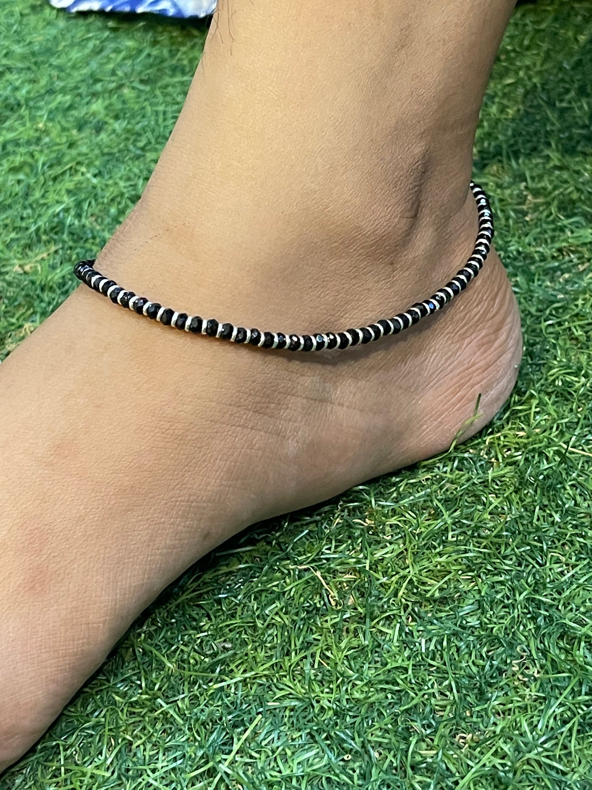 Black beads nazariya sterling silver anklet single Handpicked