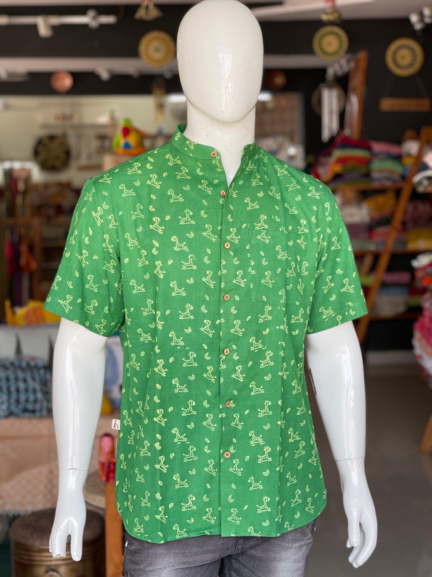 Green hand woven giraffe hand block printed cotton band collared half sleeves shirt for men