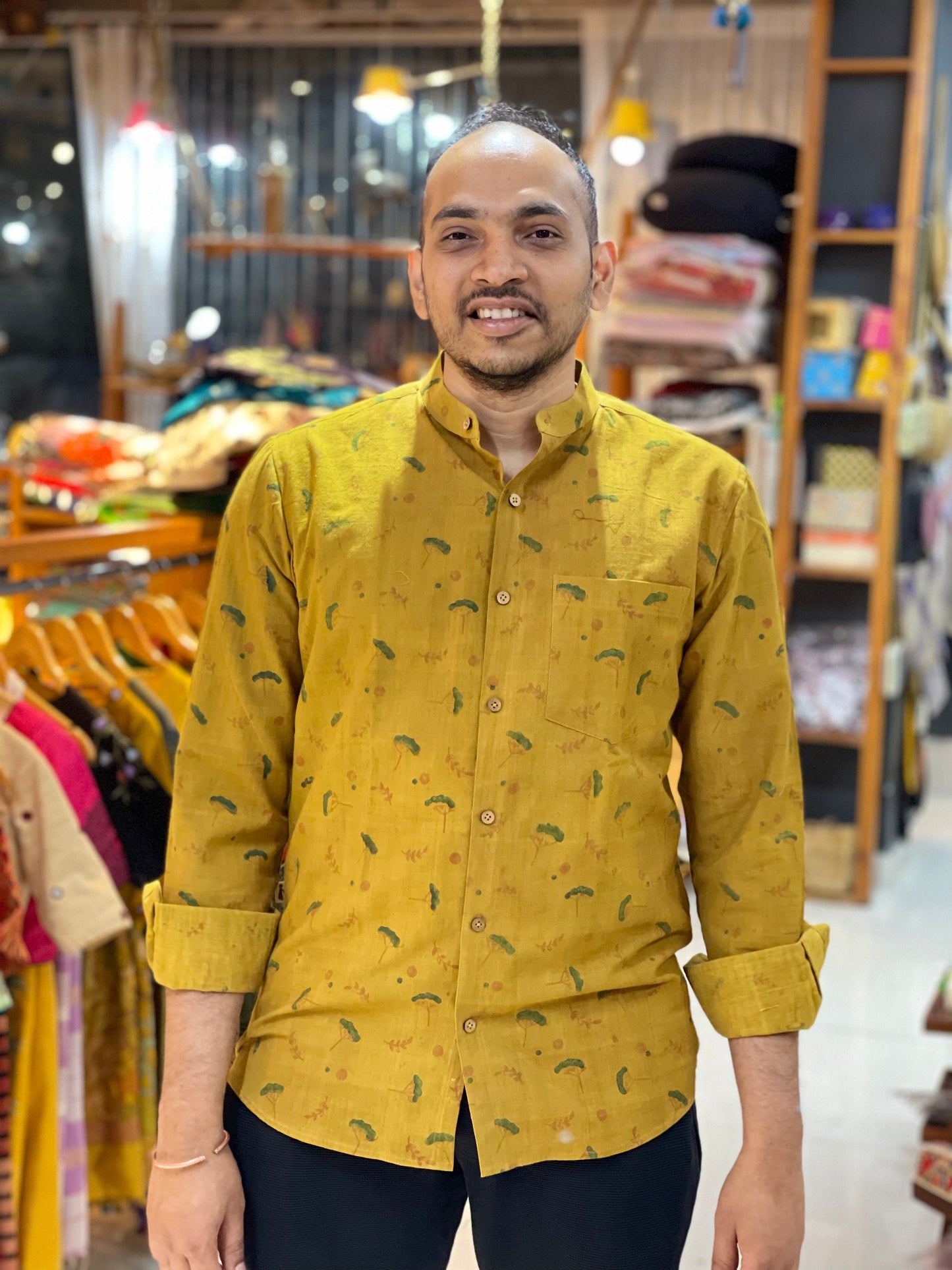 Mustard hand spun hand woven hand block printed cotton band collared shirt for men