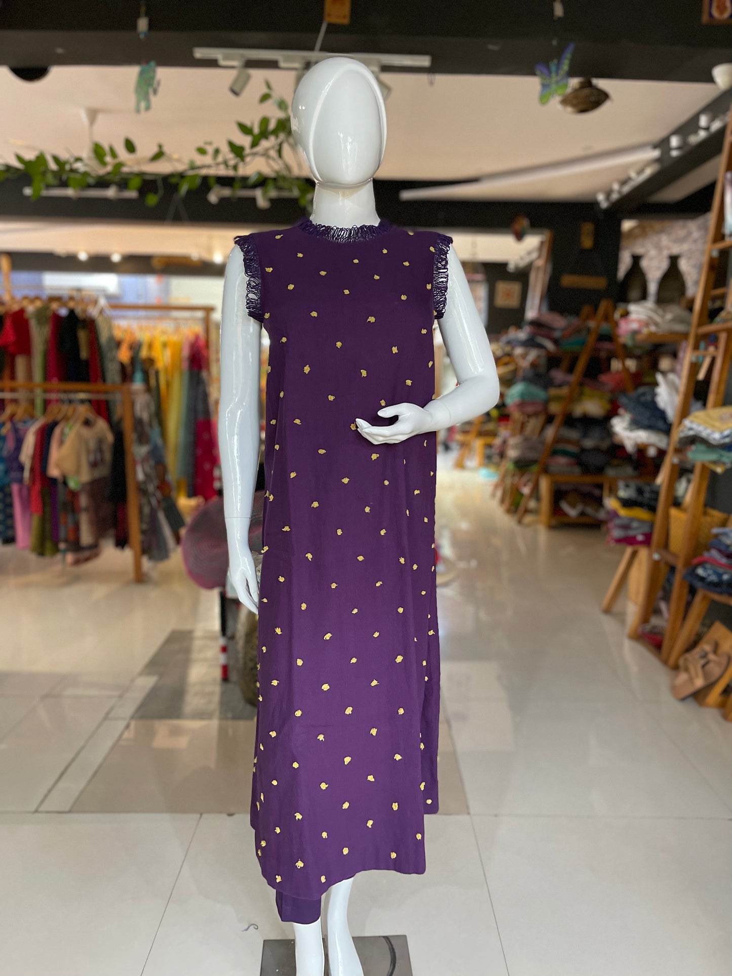 Purple cotton yellow pompom embroidery dress with pants