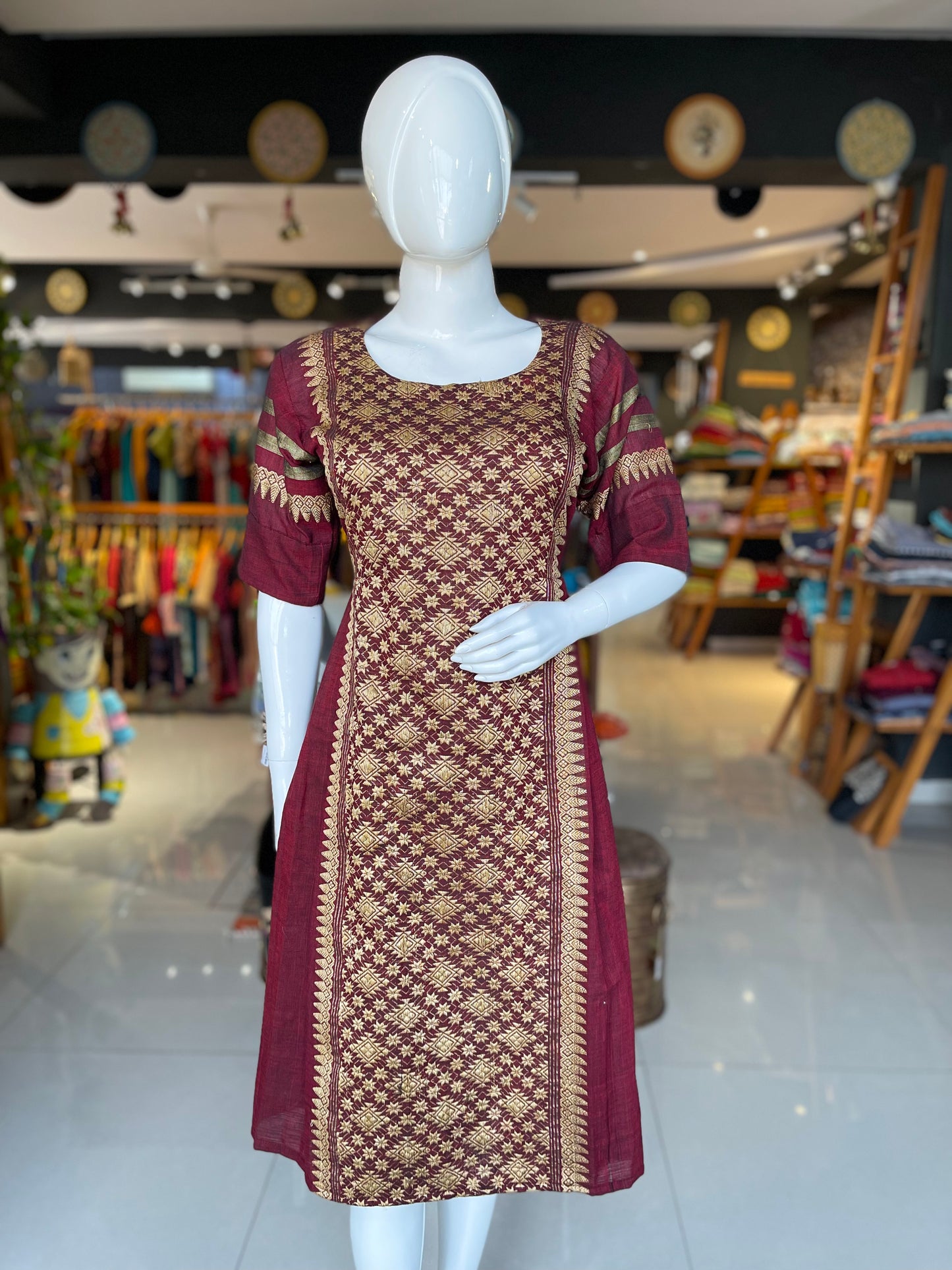 Maroon handloom Assam cotton dress with side pleats