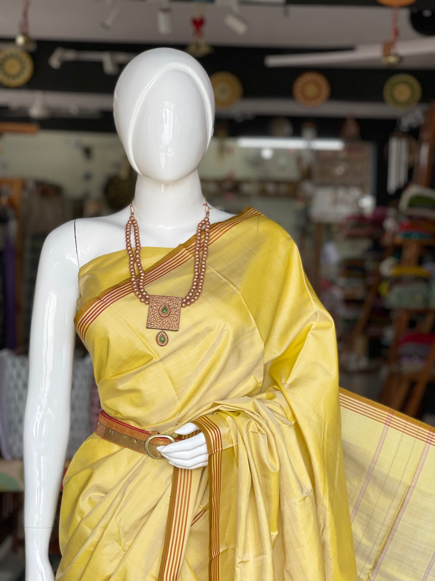 Yellow pure silk handloom kanjeevaram pattu saree with stripes border and pallu