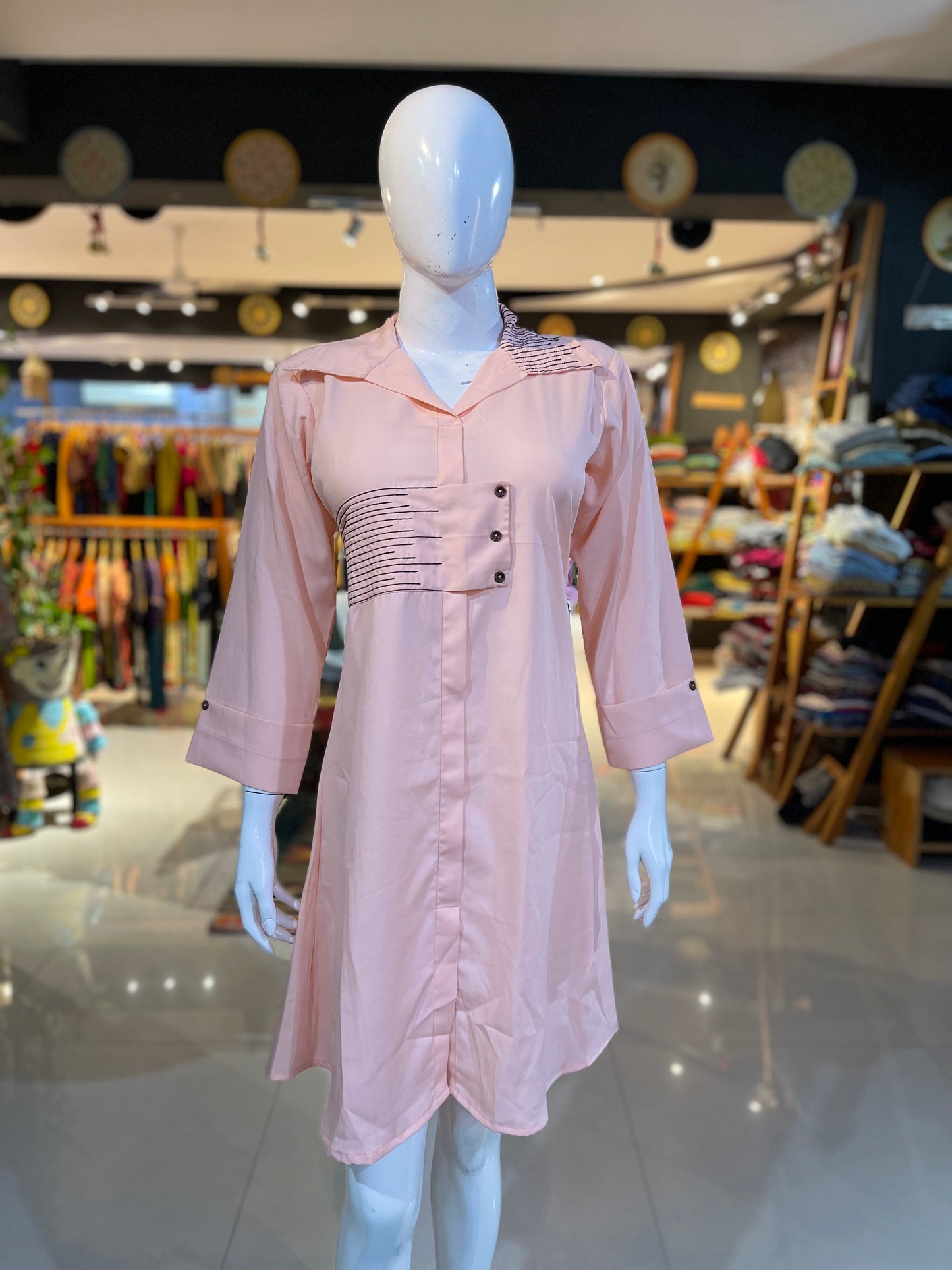 Peach collared crepe dress with embroidery