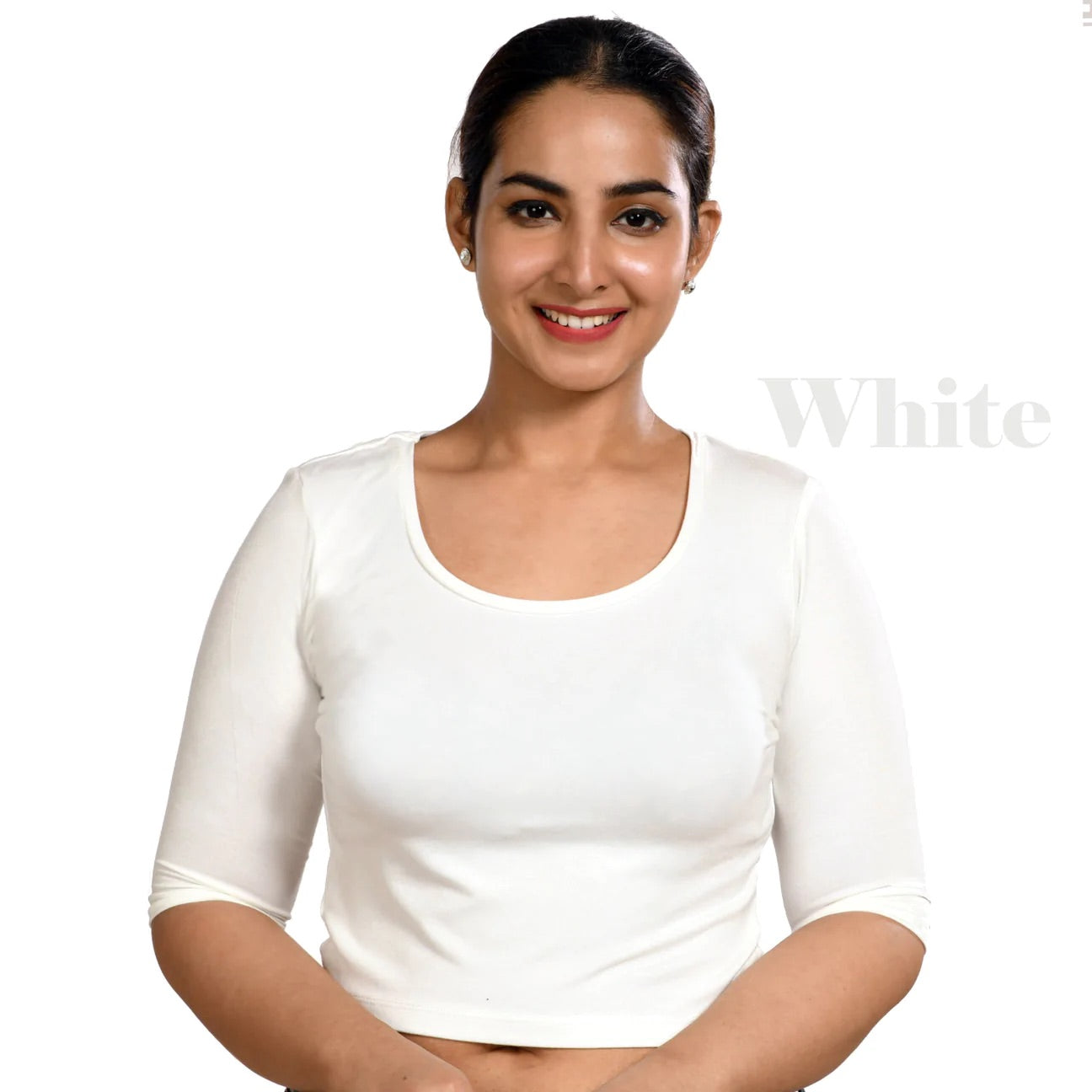 Stretchable elbow sleeves plus size plain blouse