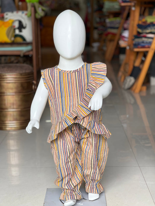 Stripes hand block printed cotton kalamkari pants with frilly sleeveless top - coord set