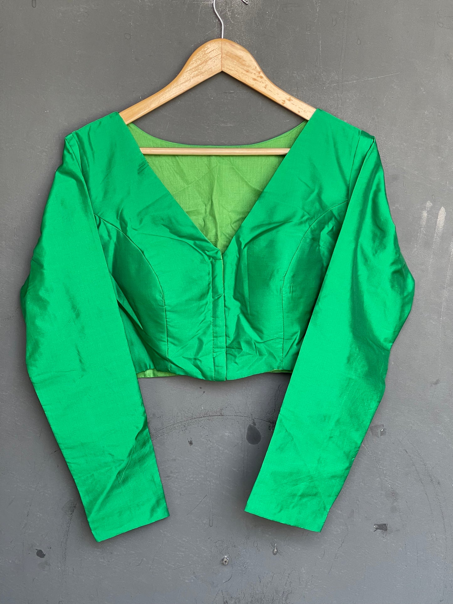 Green silk full sleeve front open blouse with lining and pads