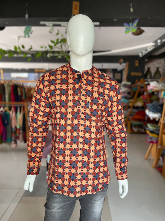 Rust hand block printed full sleeves short kurta for men