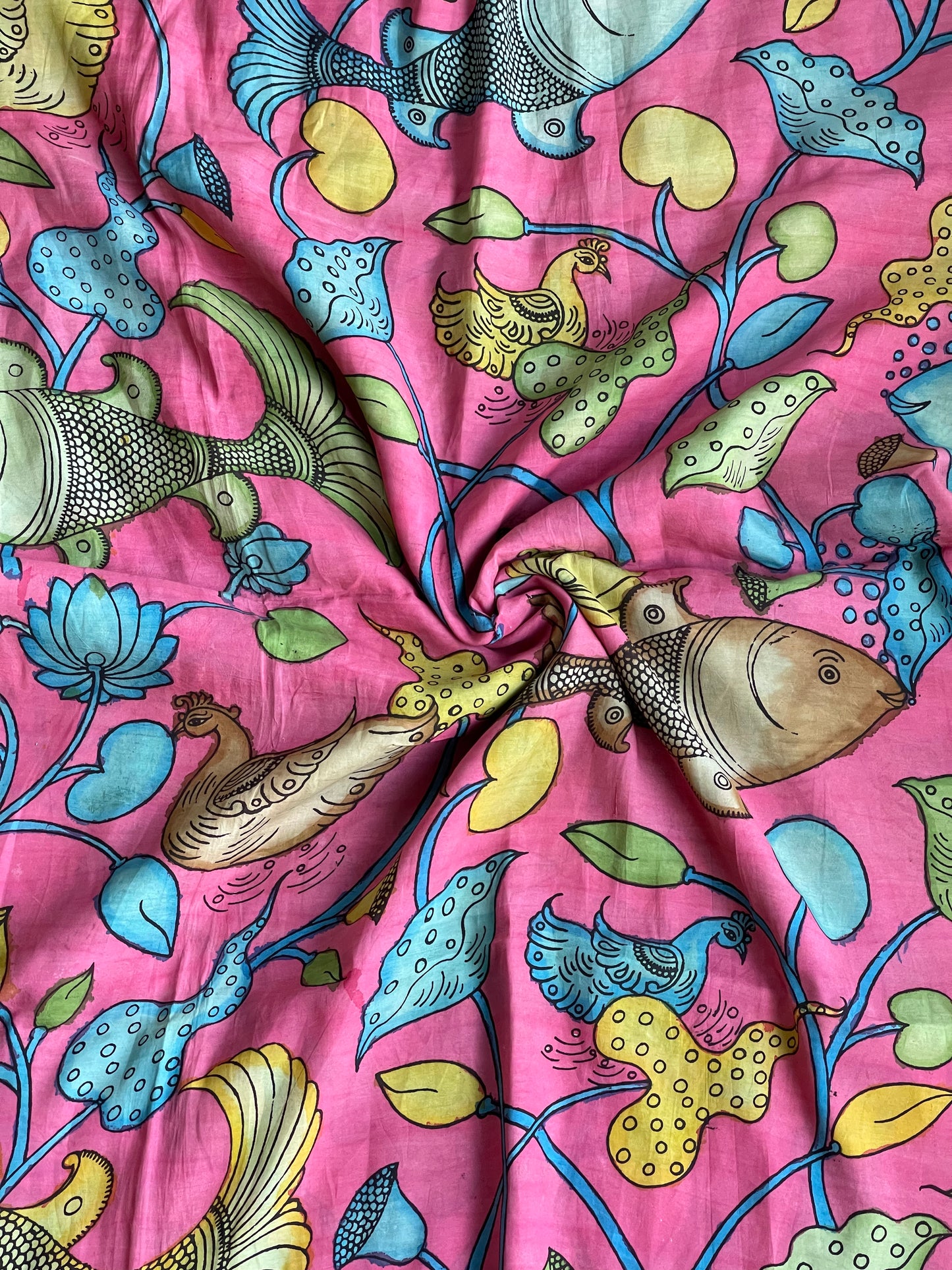 Pink hand painted pen kalamkari silk fabric with fish, birds and flowers design