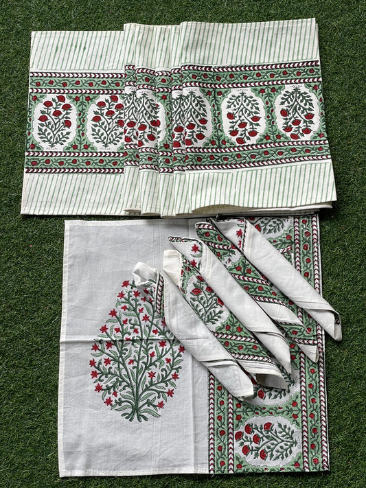 Green tree hand block printed 6 place mats and napkins set