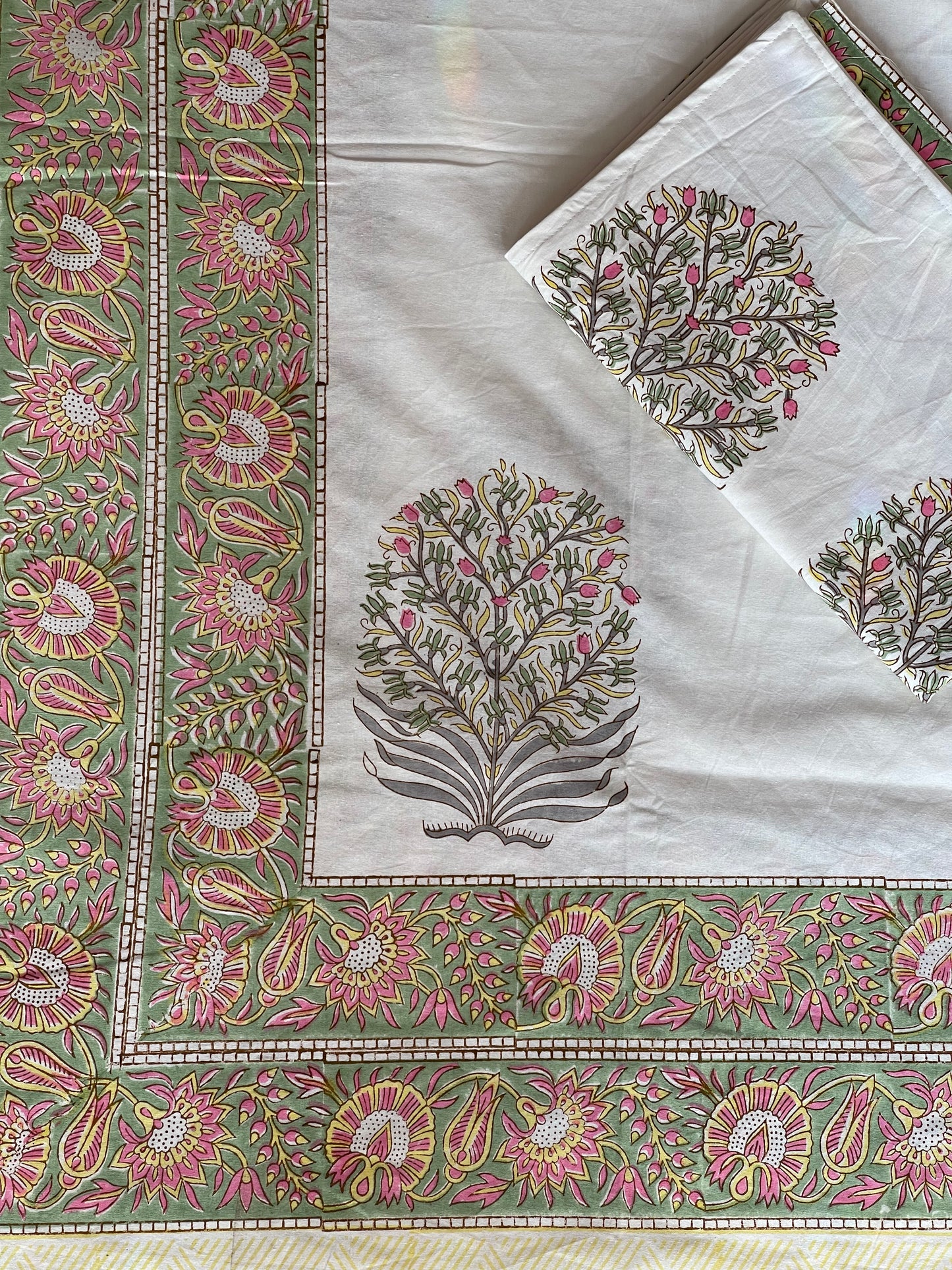 Green floral border on off white base hand block printed 108x108 inch super king bedsheet