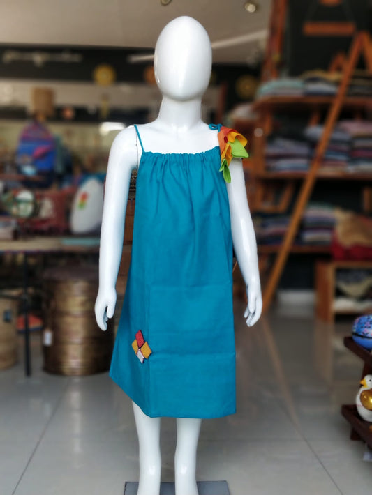 Teal kanchi cotton frock for girls with embroidery and noodle straps