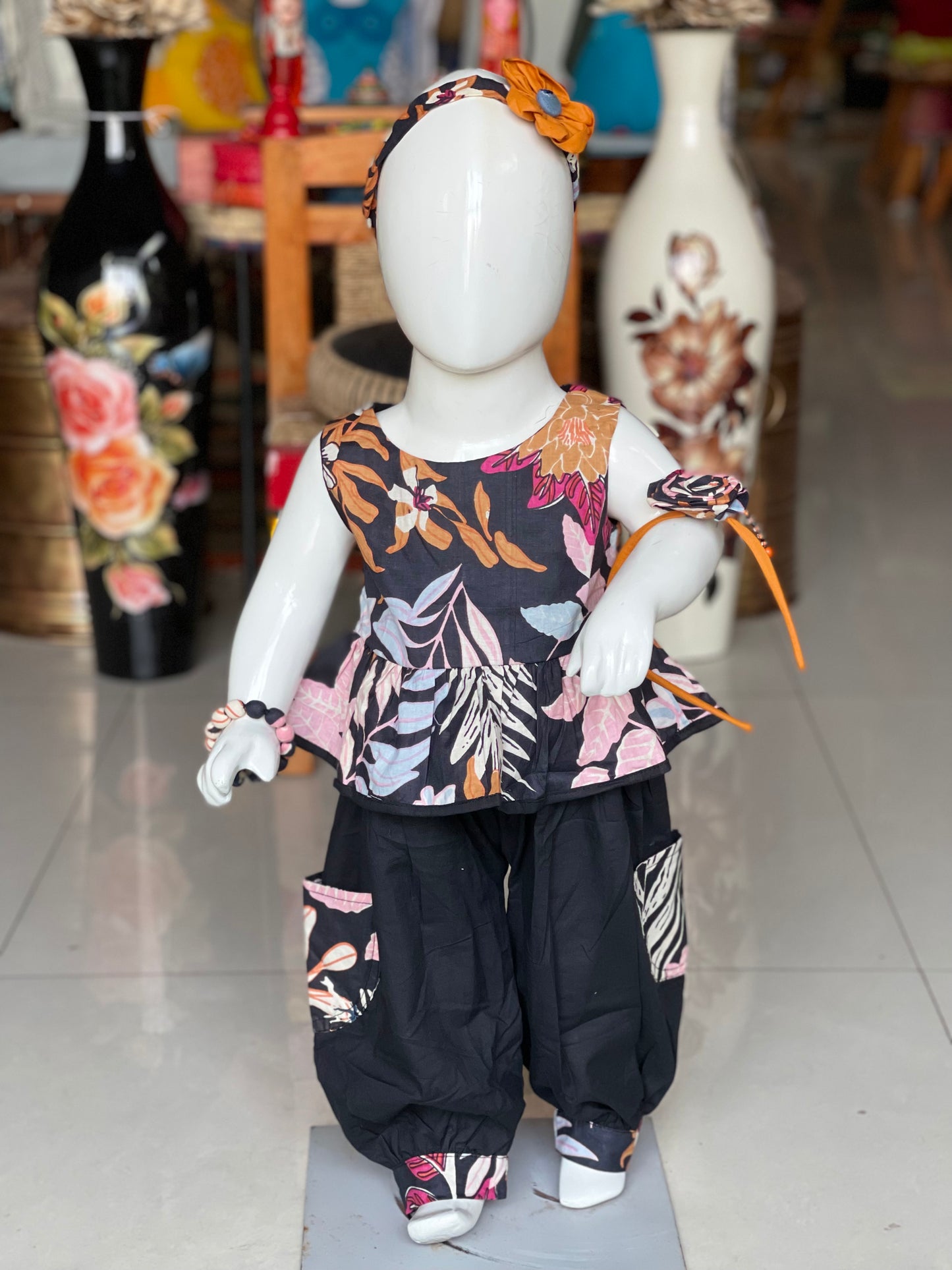 Black floral printed cotton crop top pant set for girls