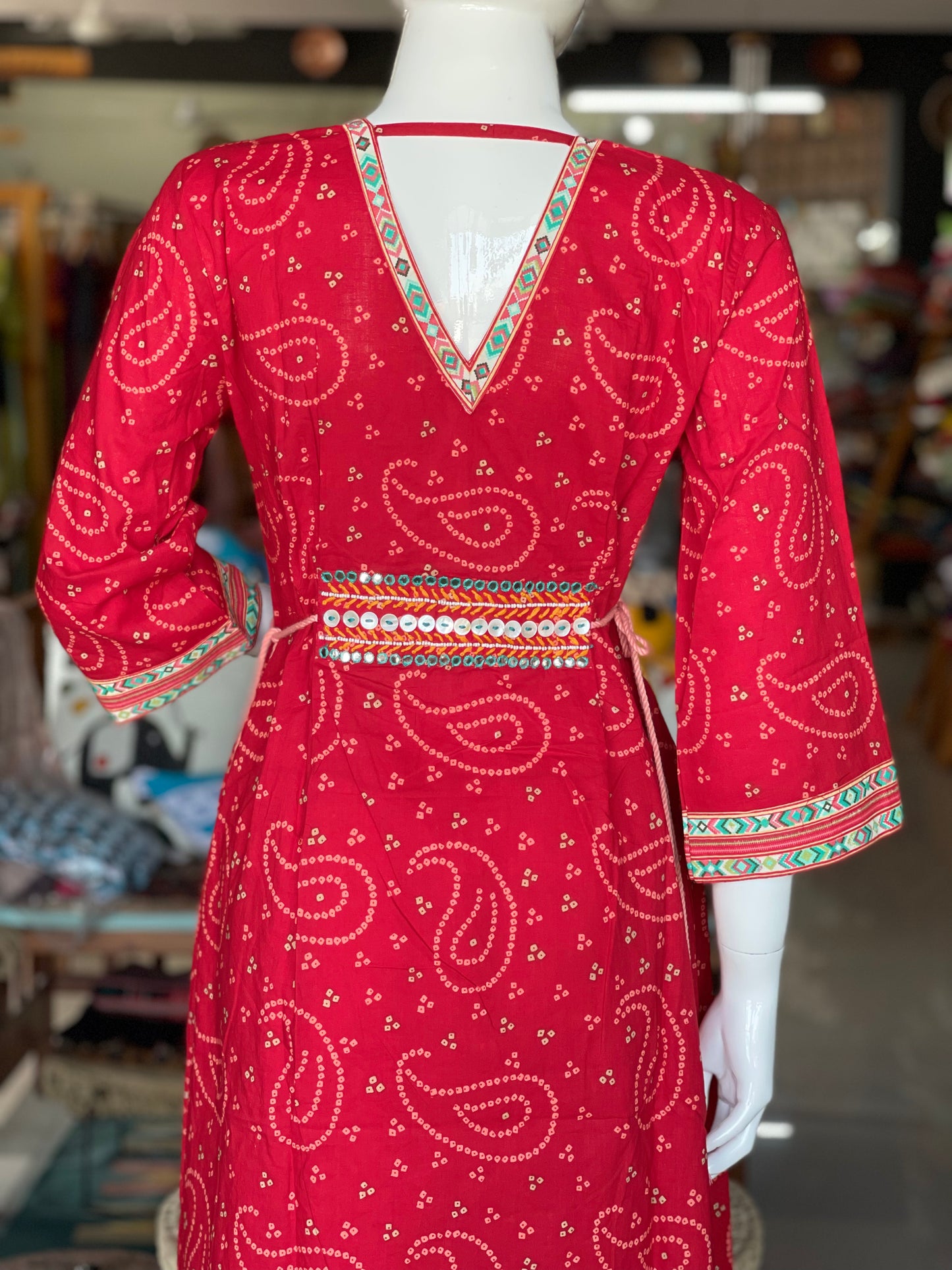 Red dots print embroidered cotton kurta with side ties 2 piece set