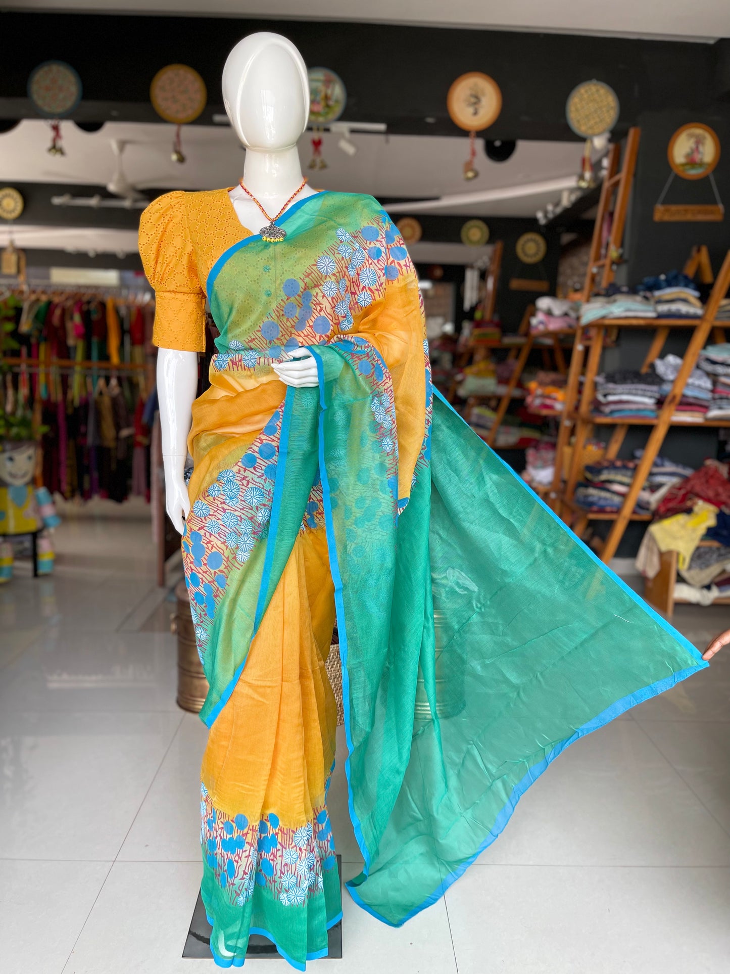 Yellow and sea green hand block pure silk sheer saree