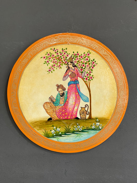 Couple under a tree - fine Kashmiri hand painted wooden wall plate - orange