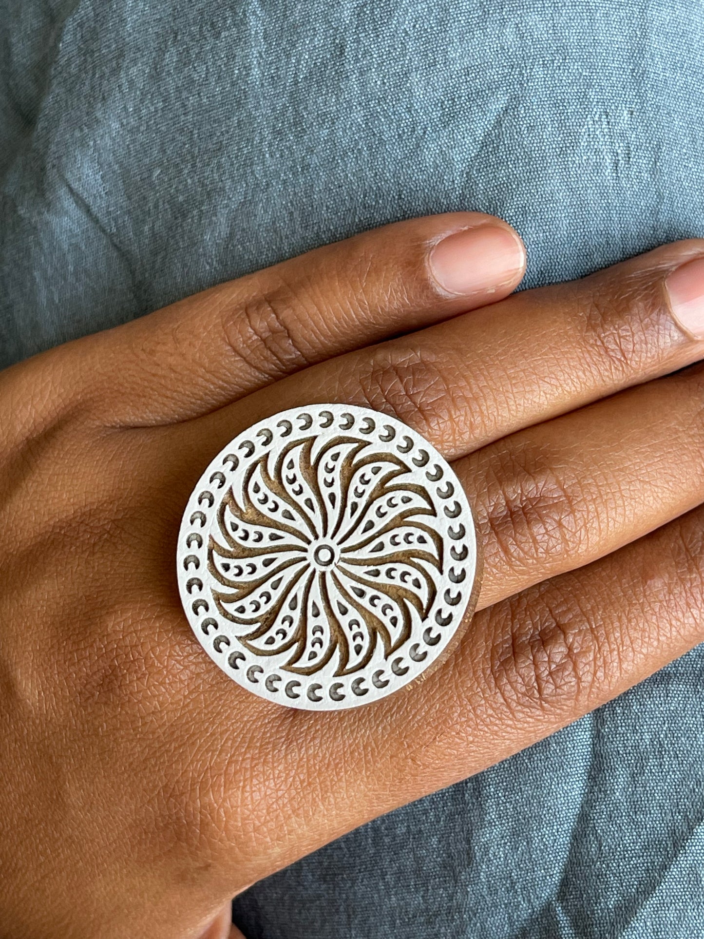 Flower / wheel design wooden block carved handmade adjustable size finger ring