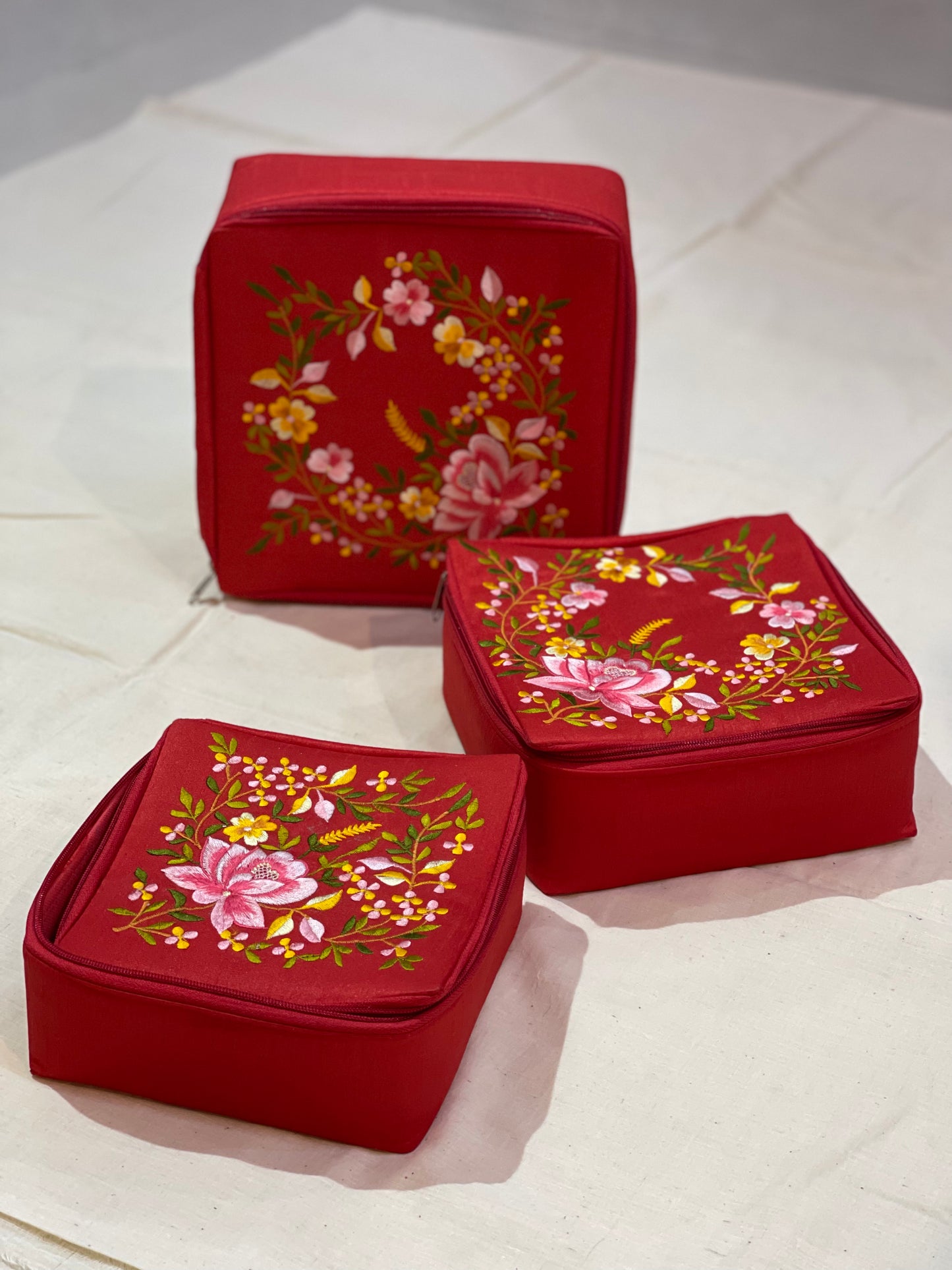 Embroidered square shaped 3 sizes fabric utility boxes set - red