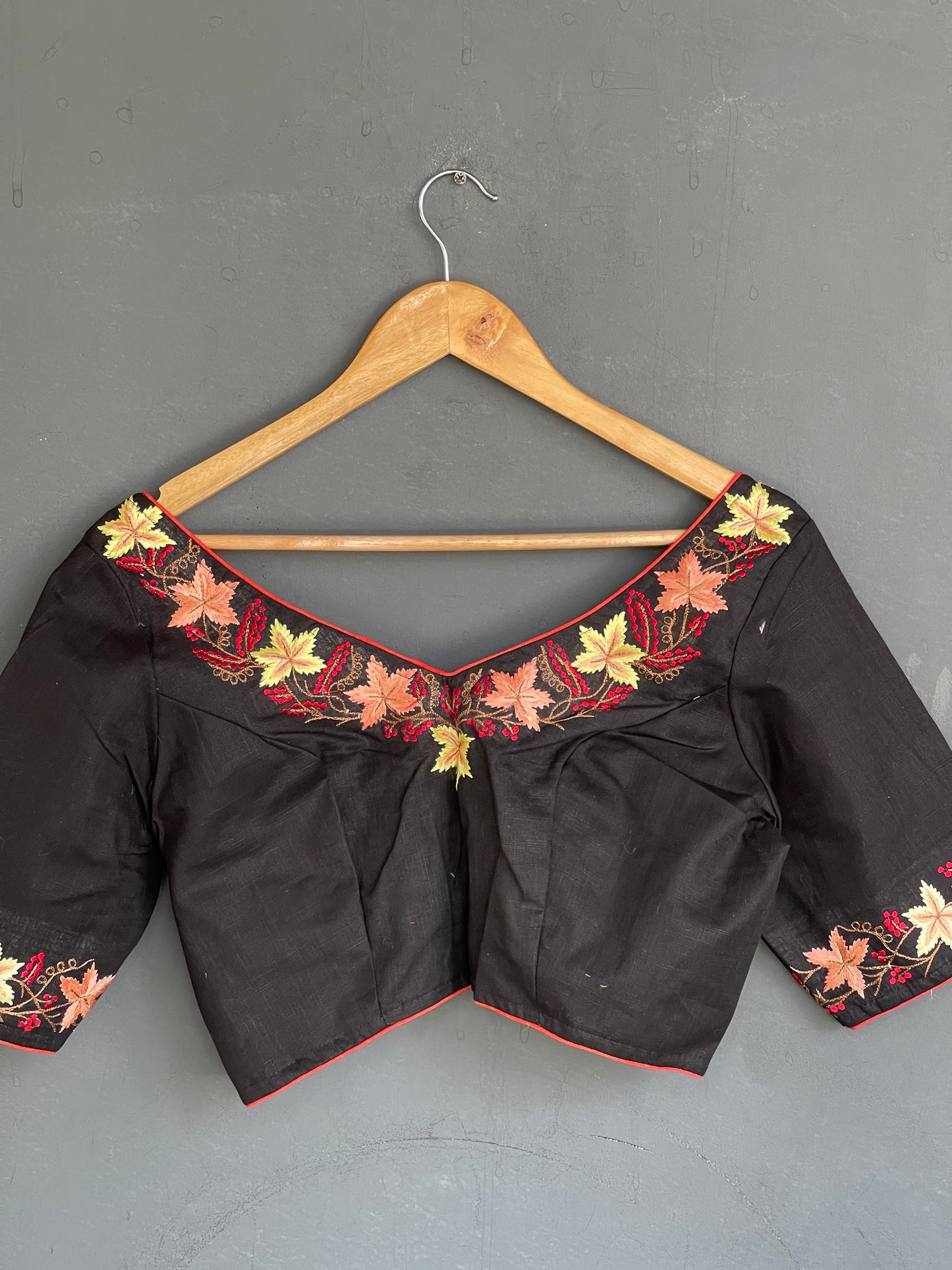 Black front and back neckline floral embroidery cotton blouse