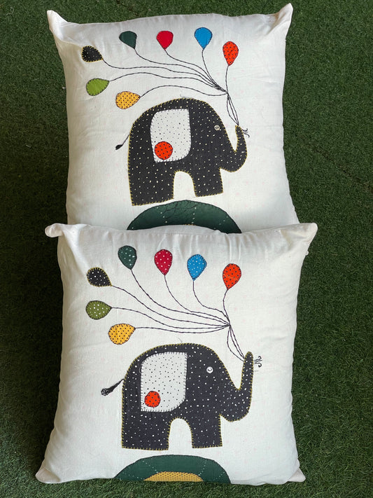 Elephant with balloons Off white cotton handloom Appliq embroidered cushion cover