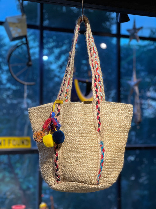 Braided jute and Upcycled fabric tote bag