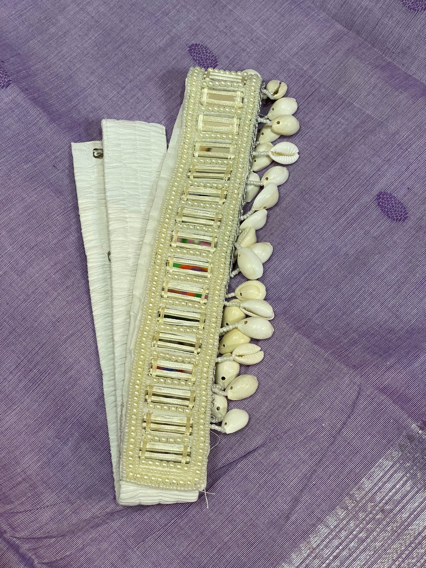 Cream mirrors and beads work belt with cowries - rectangle