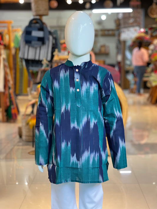 Blue n teal handloom cotton ikat full sleeves short kurta for boys