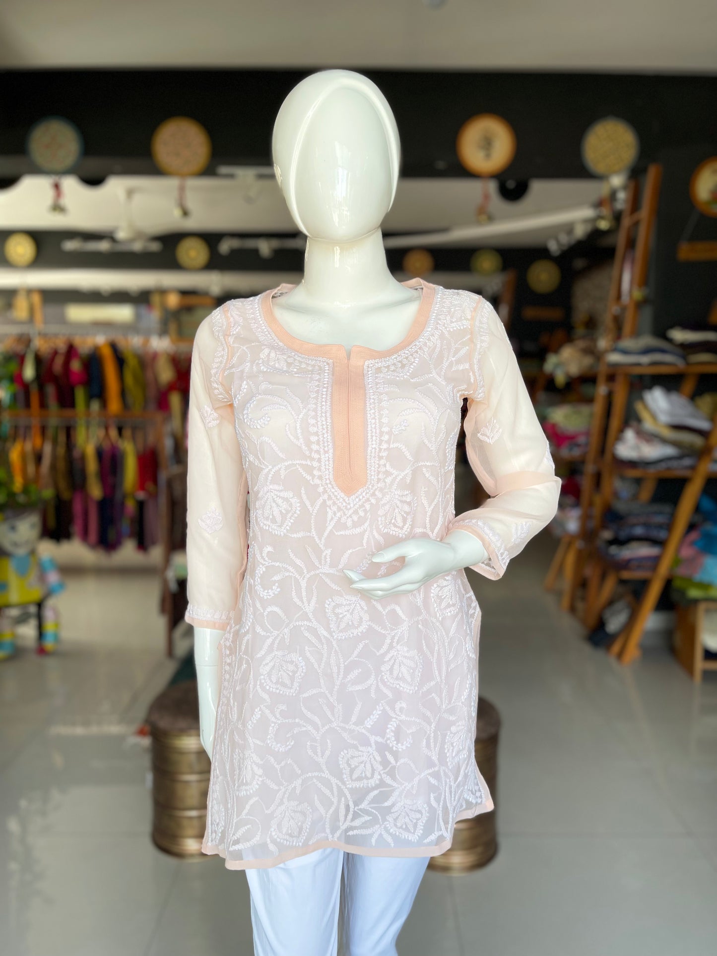 Light peach shade Georgette chikankari hand embroidered straight cuts tunic