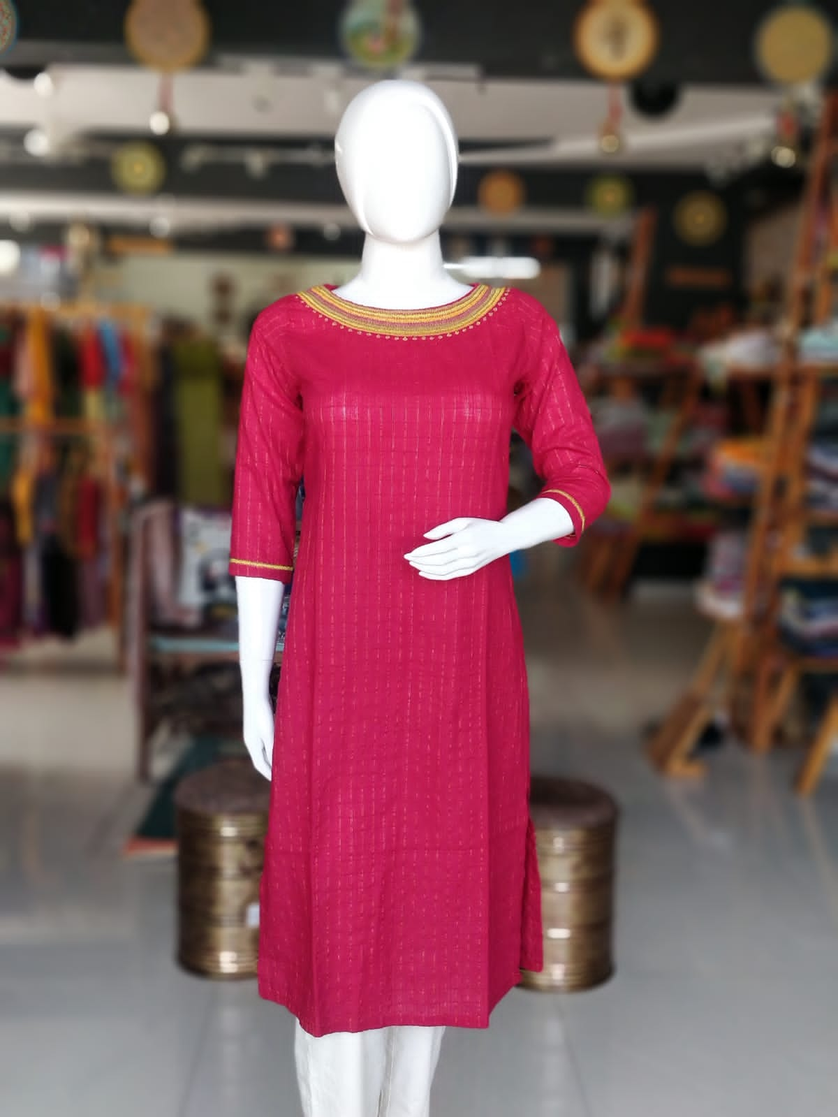 Pink cotton lurex stripes with hand embroidery for neck straight cut kurti