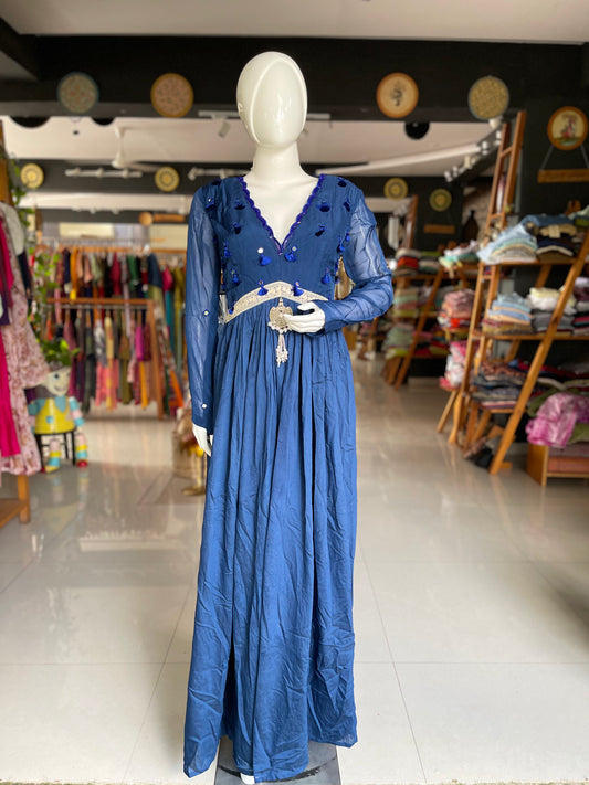 Blue embroidered long dress with scallop neckline and attached lace belt