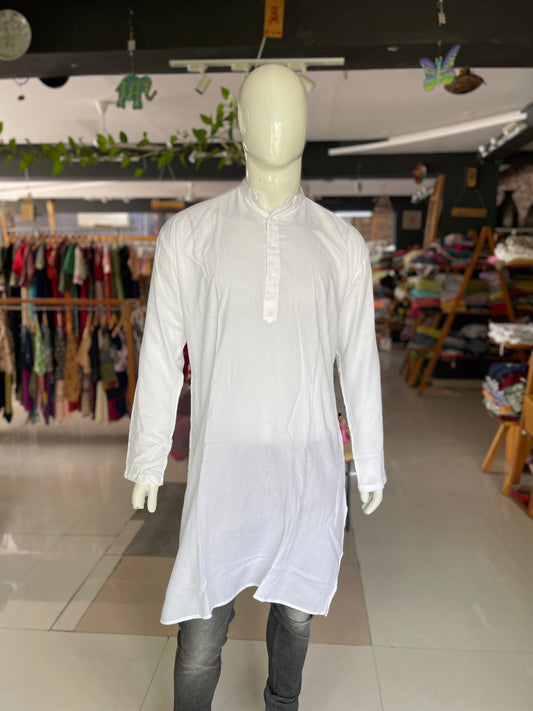 White bamboo full sleeves long kurta for men