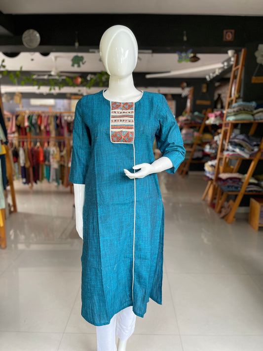 Blue cotton kurti with embroidered patch yoke