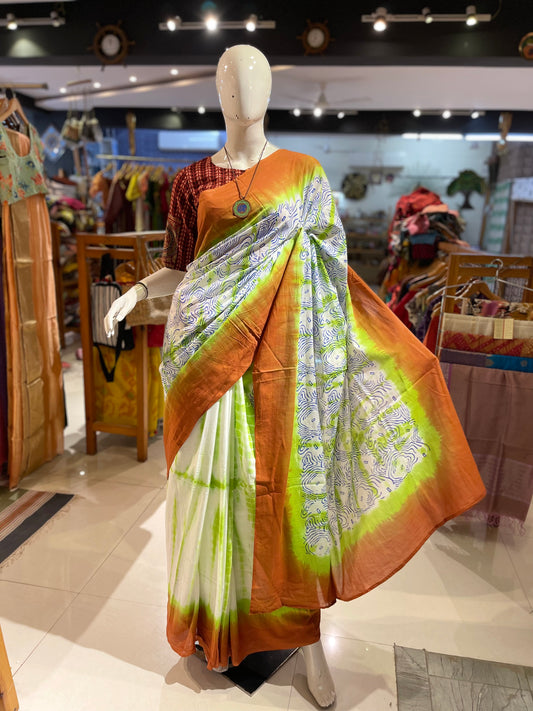 Cotton green n brown tie and dye, block print saree