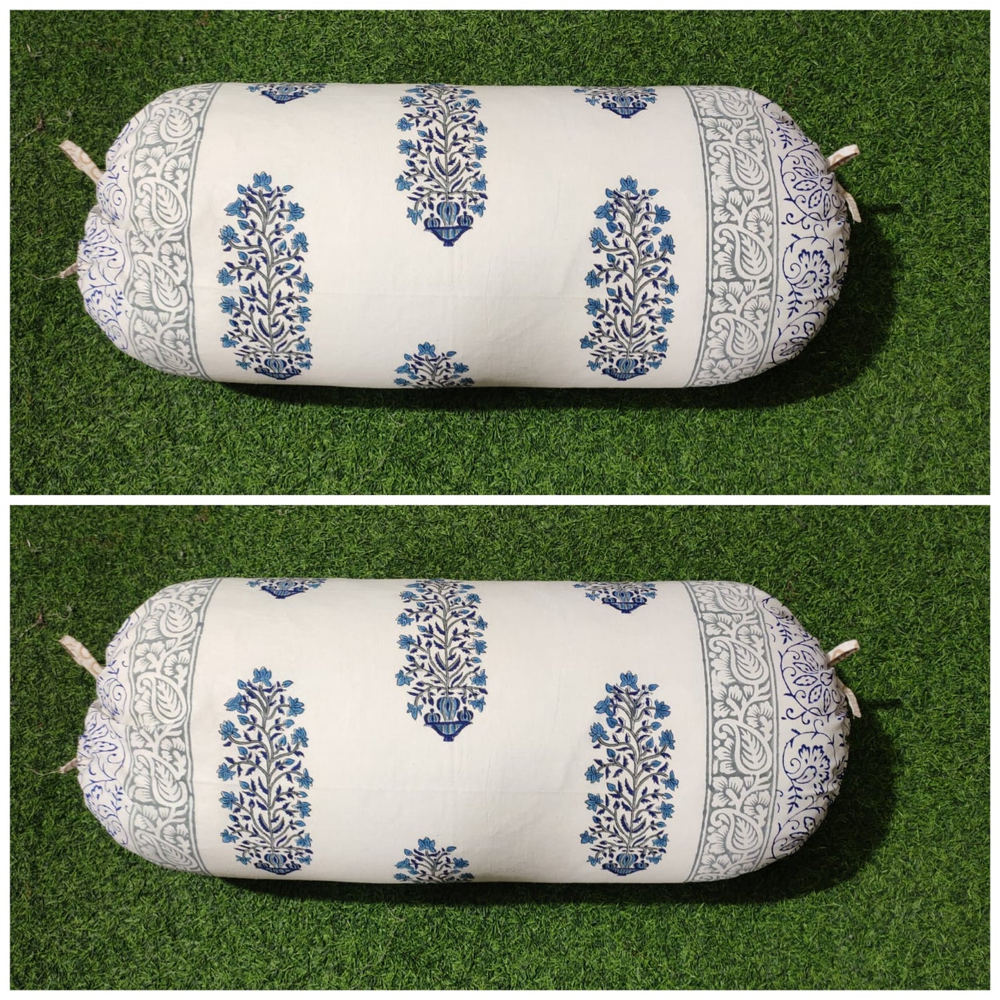 Blue on white hand block printed bolster covers pair