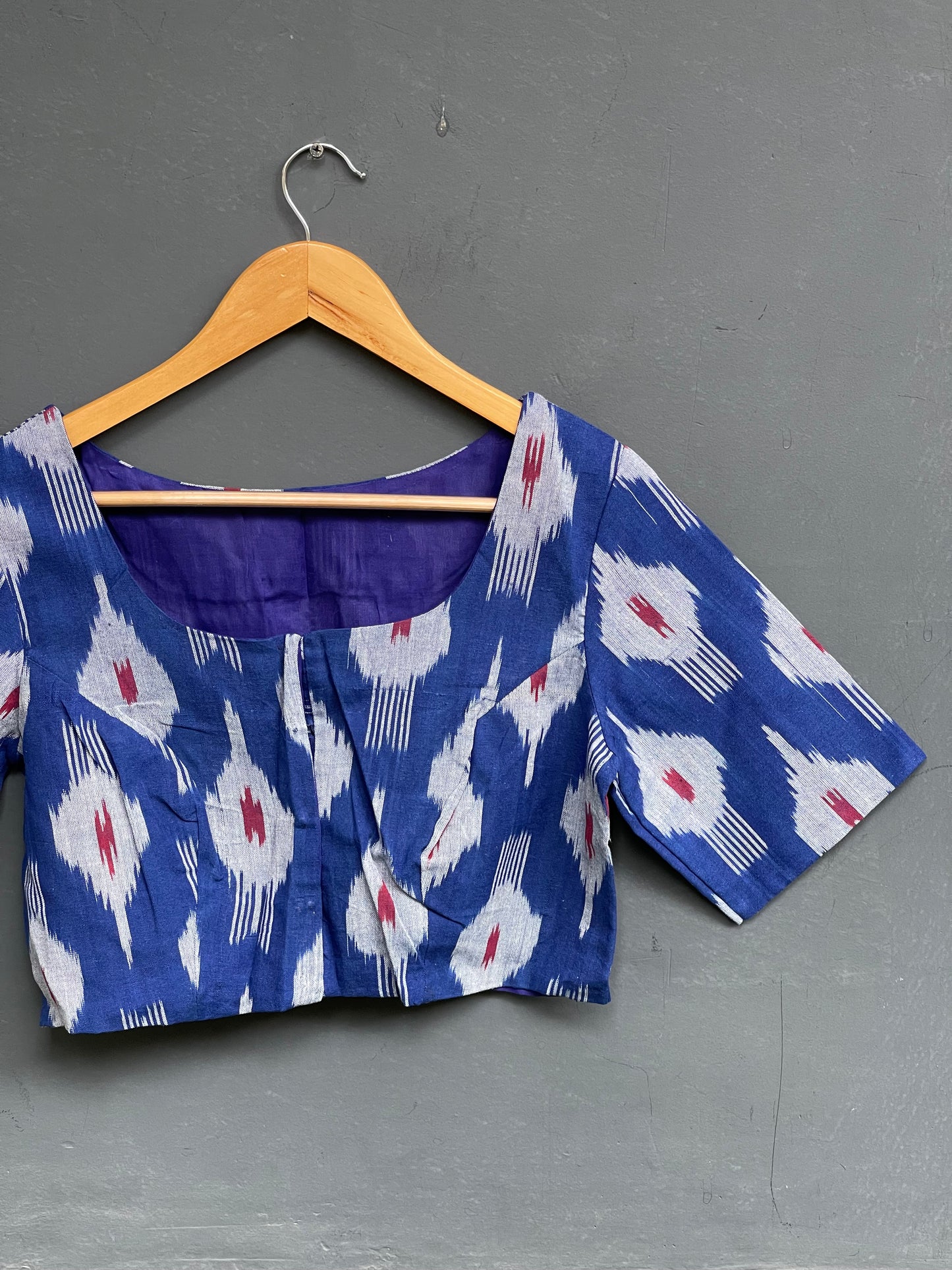 Blue and grey cotton ikat blouse with lining