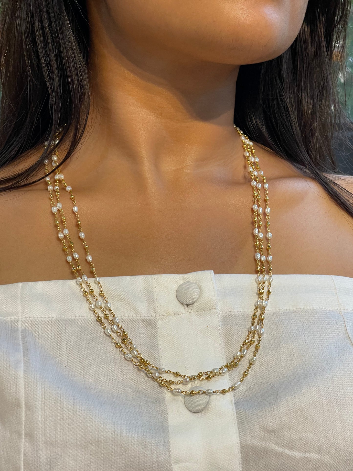 3 layers gold polish sterling silver chain with pearls